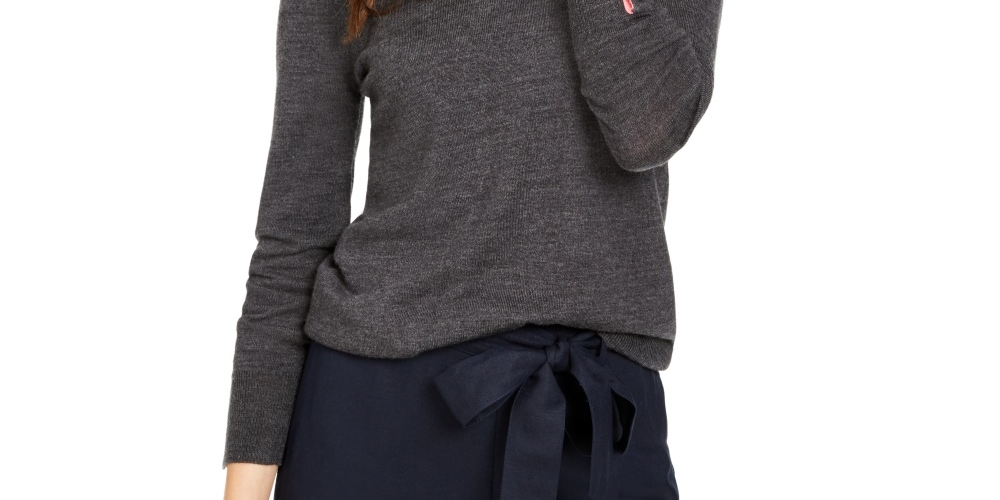 Suéter feminino Charter Club de lã merino com punhos abotoados e gola redonda, cinza, tamanho XXG