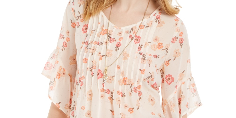 Blusa feminina transparente com estampa floral e pregas estilo &amp; co, rosa, tamanho M