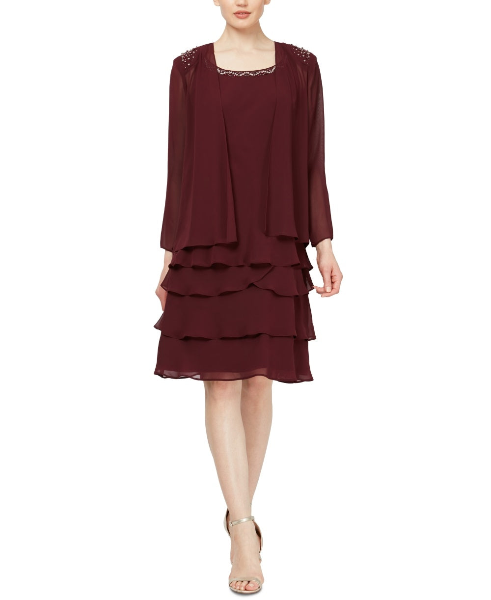 SL Fashions Jaqueta com abertura frontal e vestido em camadas e flare, tamanho 8, vermelho