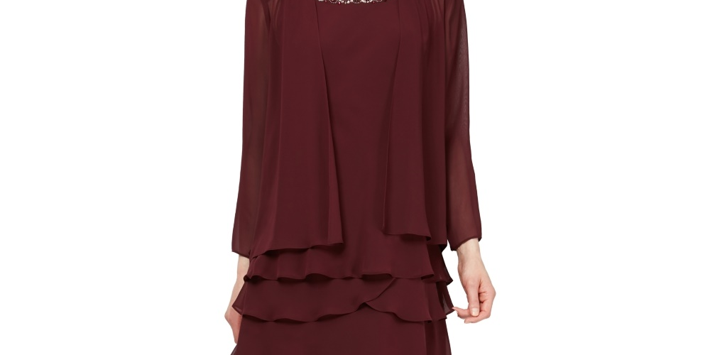 SL Fashions Jaqueta com abertura frontal e vestido em camadas e flare, tamanho 8, vermelho