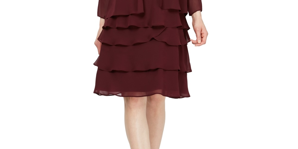 SL Fashions Jaqueta com abertura frontal e vestido em camadas e flare, tamanho 8, vermelho
