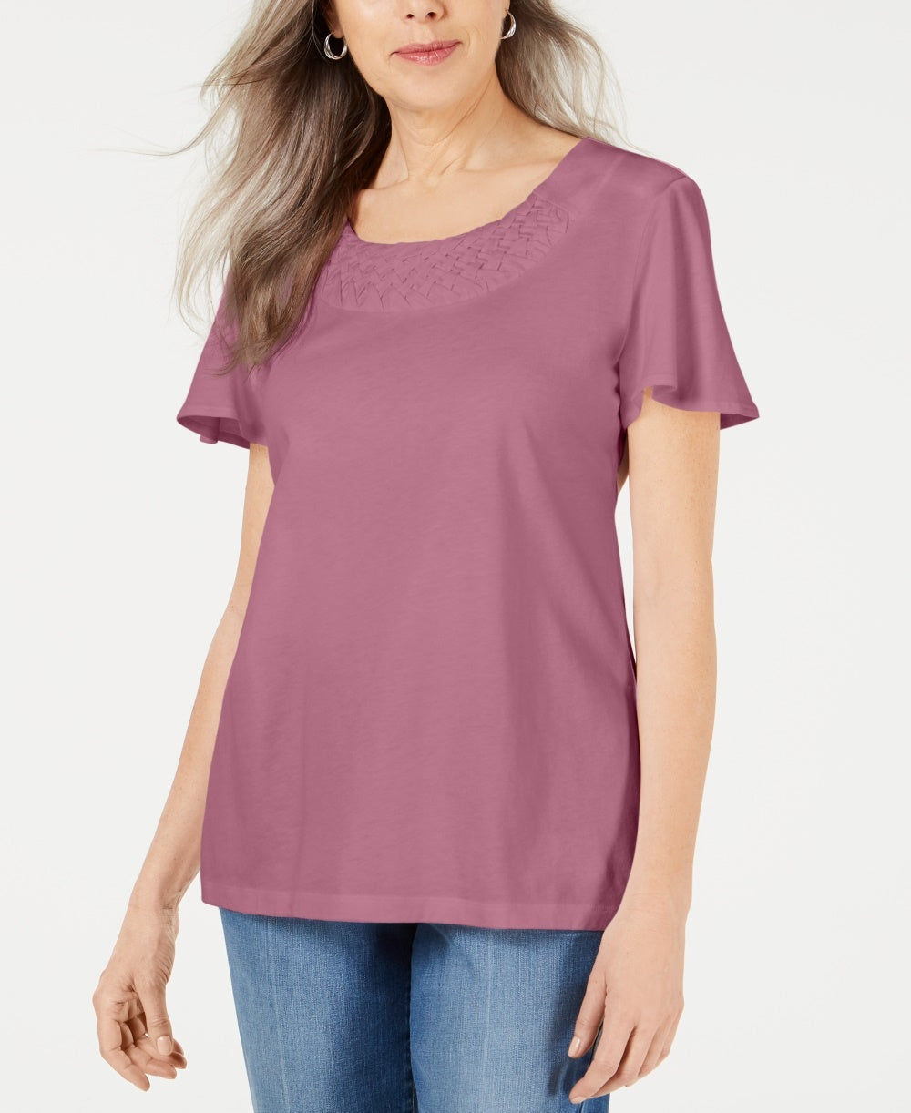 Karen Scott Blusa Feminina com Mangas Flutter e Acabamento em Basketweave Rosa Tamanho X P