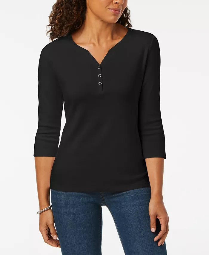 Camisa Henley de algodão pequena Karen Scott feminina, preta, tamanho pequeno extragrande
