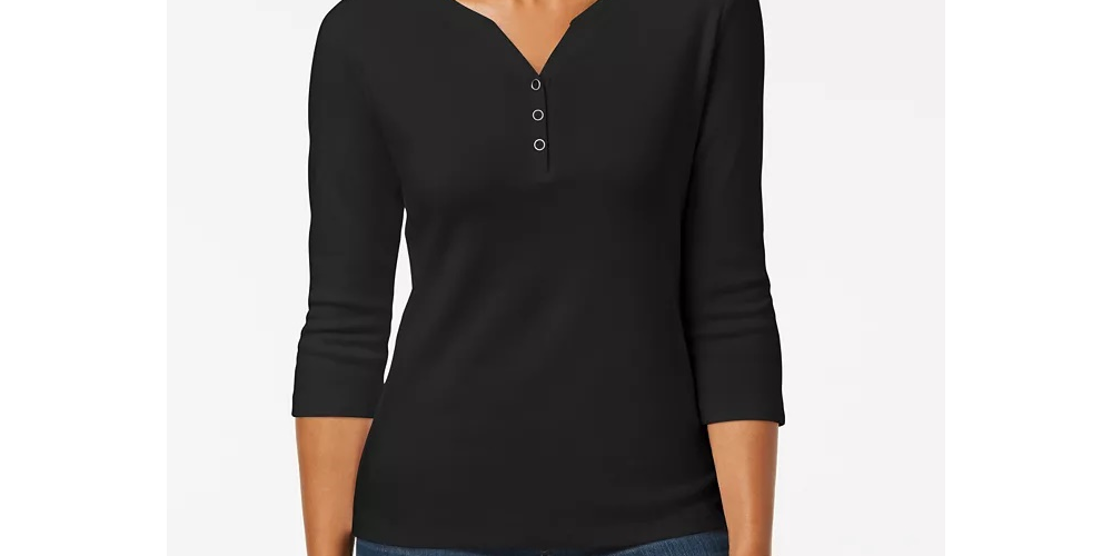 Camisa Henley de algodão pequena Karen Scott feminina, preta, tamanho pequeno extragrande