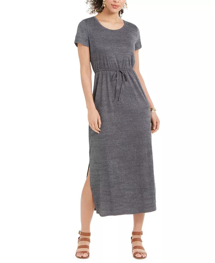 Vestido longo texturizado com amarração na cintura estilo &amp; co feminino, cinza, tamanho médio