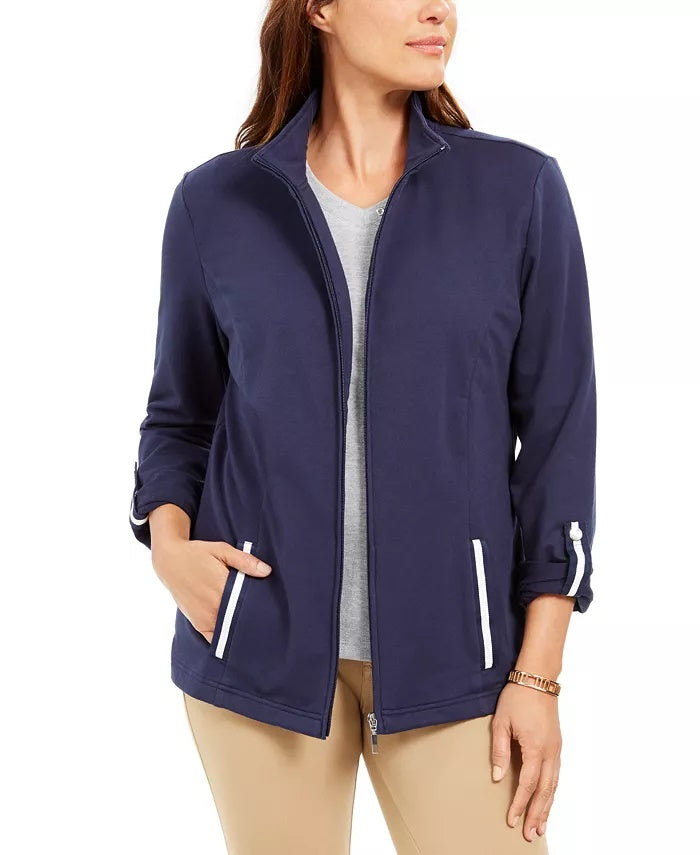 Jaqueta feminina Karen Scott Sport French Terry com acabamento em fita, azul, tamanho X-S