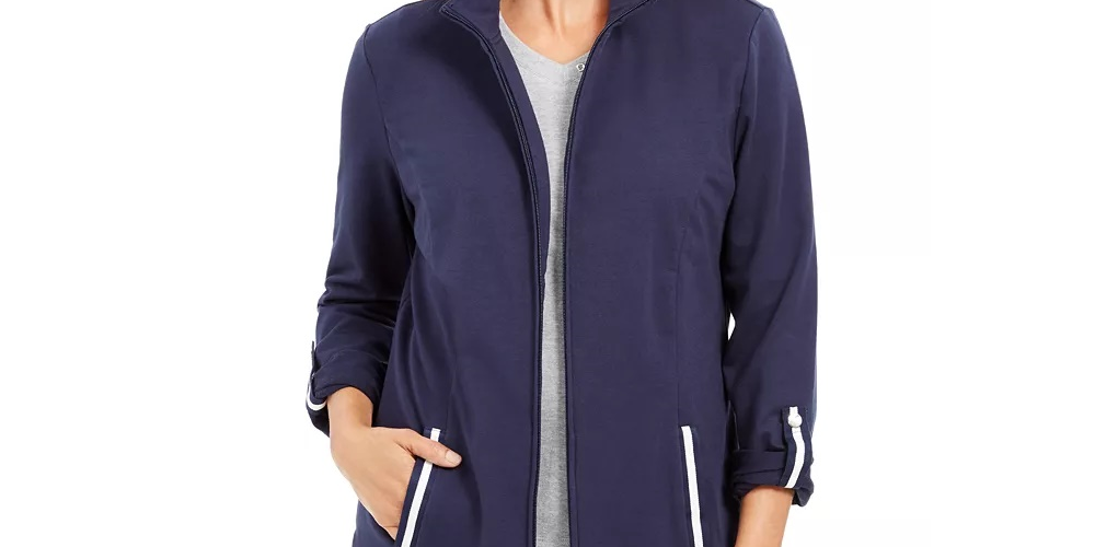 Jaqueta feminina Karen Scott Sport French Terry com acabamento em fita, azul, tamanho X-S