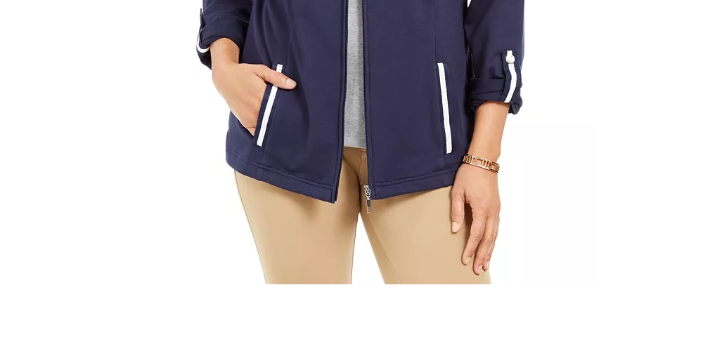 Jaqueta feminina Karen Scott Sport French Terry com acabamento em fita, azul, tamanho X-S