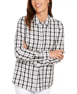 Charter Club Women's White Plaid Cuffed Button Up Top Size Medium White Size Medium