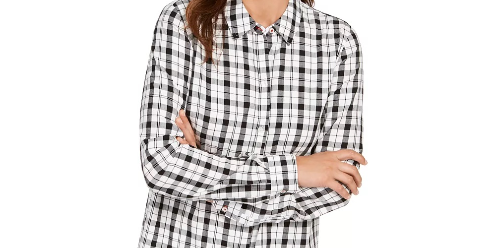 Camisa xadrez branca feminina Charter Club com botões e punhos, tamanho médio, branca, tamanho médio