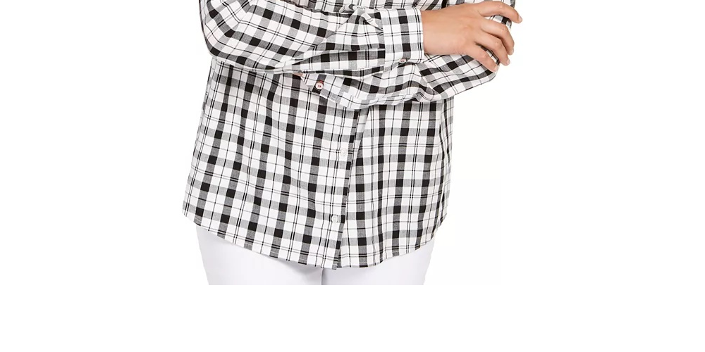 Camisa xadrez branca feminina Charter Club com botões e punhos, tamanho médio, branca, tamanho médio