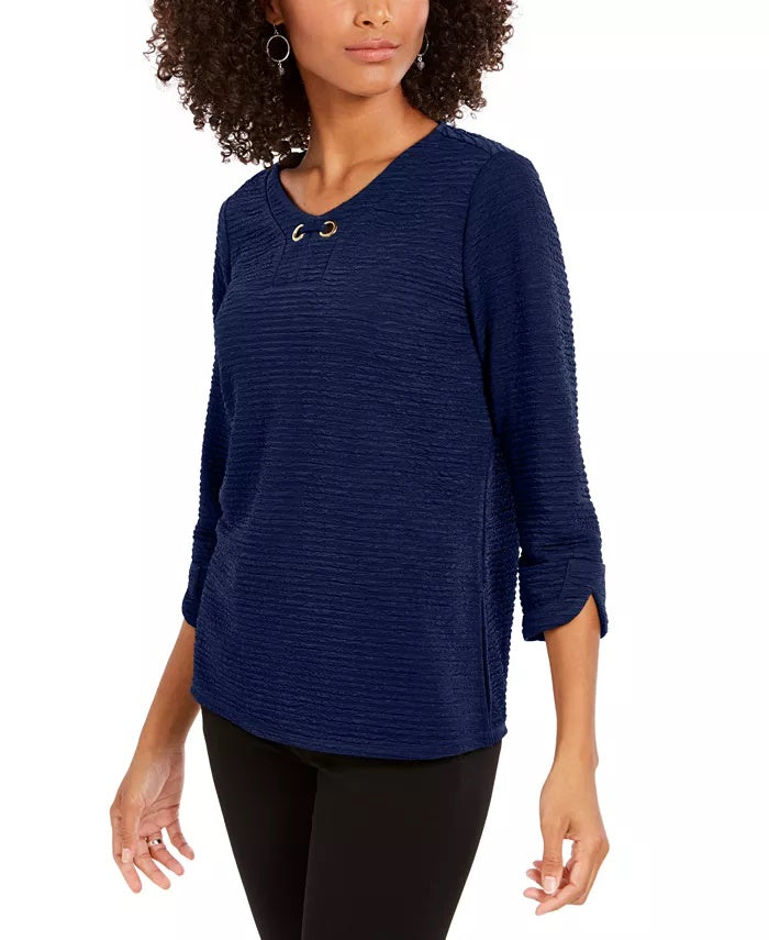 Blusa texturizada feminina NY Collection Petite com manga 3/4, azul, tamanho pequeno médio