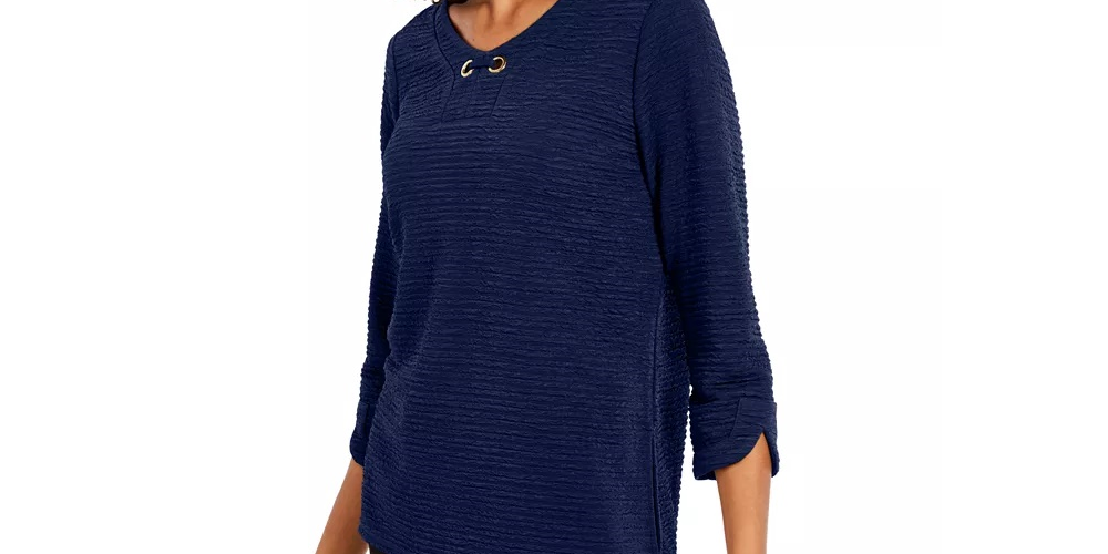 Blusa texturizada feminina NY Collection Petite com manga 3/4, azul, tamanho pequeno médio