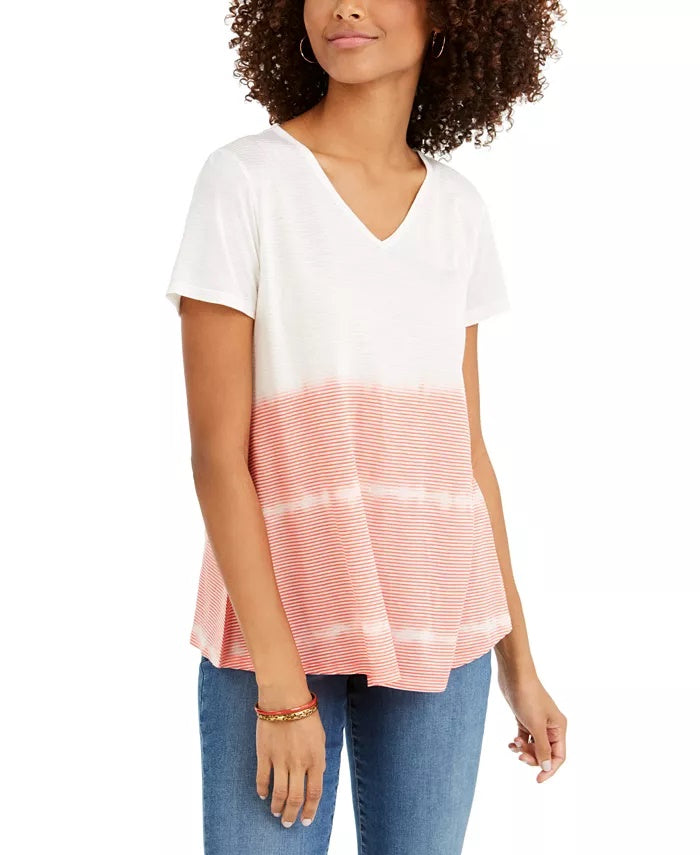 Blusa feminina estilo &amp; co, estampa tie-dye, decote em V, mistura de linho, bege, tamanho extragrande