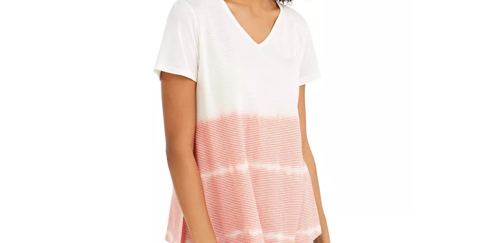 Blusa feminina estilo &amp; co, estampa tie-dye, decote em V, mistura de linho, bege, tamanho extragrande