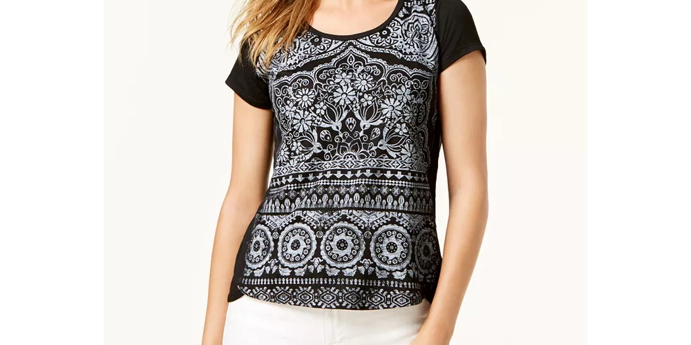 Polo feminino com estampa de pinceladas da Style &amp; Co, preto, tamanho PS