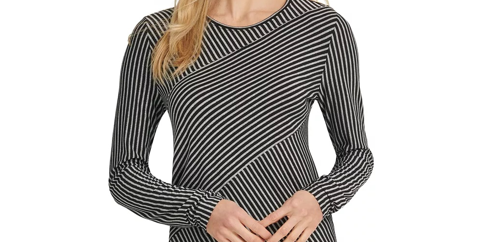 Blusa feminina DKNY com listras assimétricas, preta, tamanho X-G