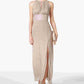 Vestido feminino R &amp; M Richards com decote halter e decote em V, tamanho 10, dourado