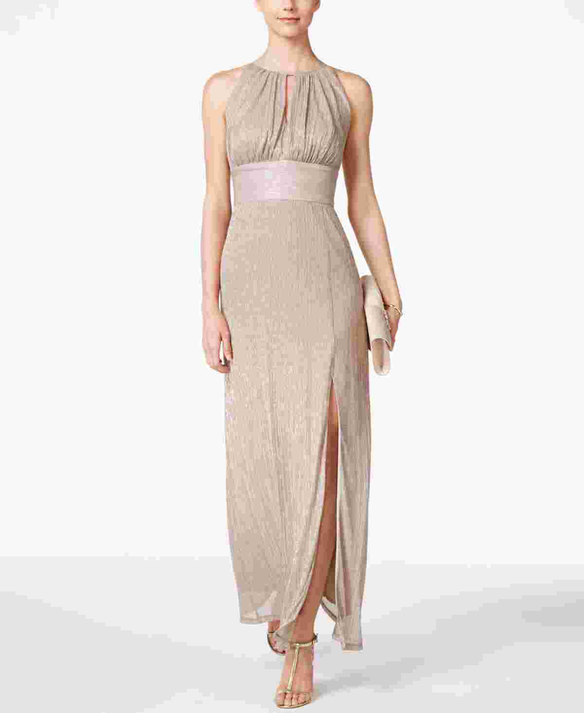 Vestido feminino R &amp; M Richards com decote halter e decote em V, tamanho 10, dourado
