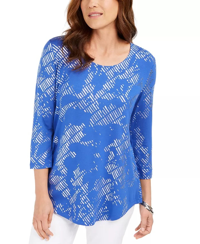 Blusa estampada feminina JM Collection manga 3/4 azul tamanho pequeno