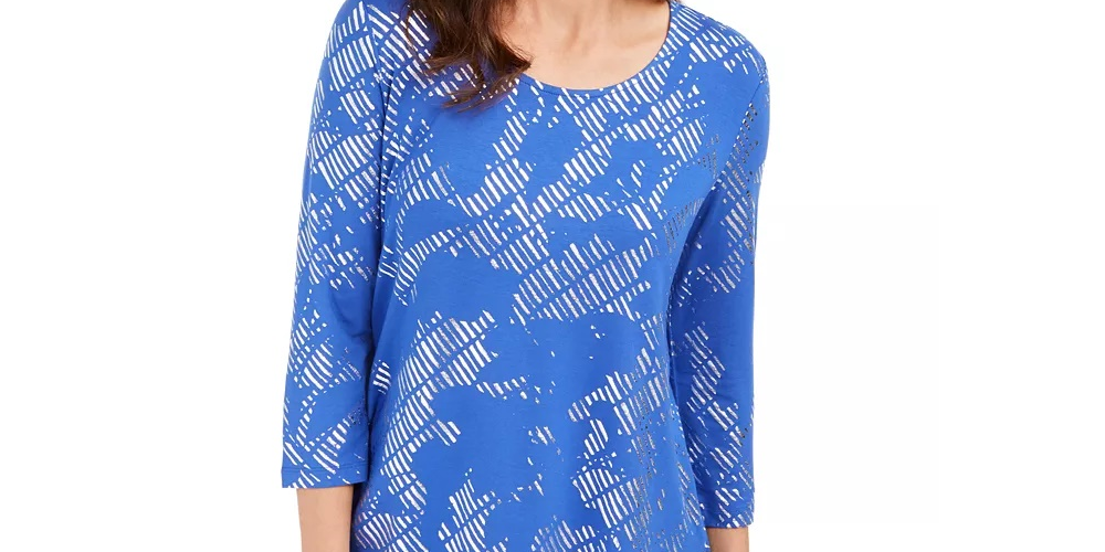 Blusa estampada feminina JM Collection manga 3/4 azul tamanho pequeno