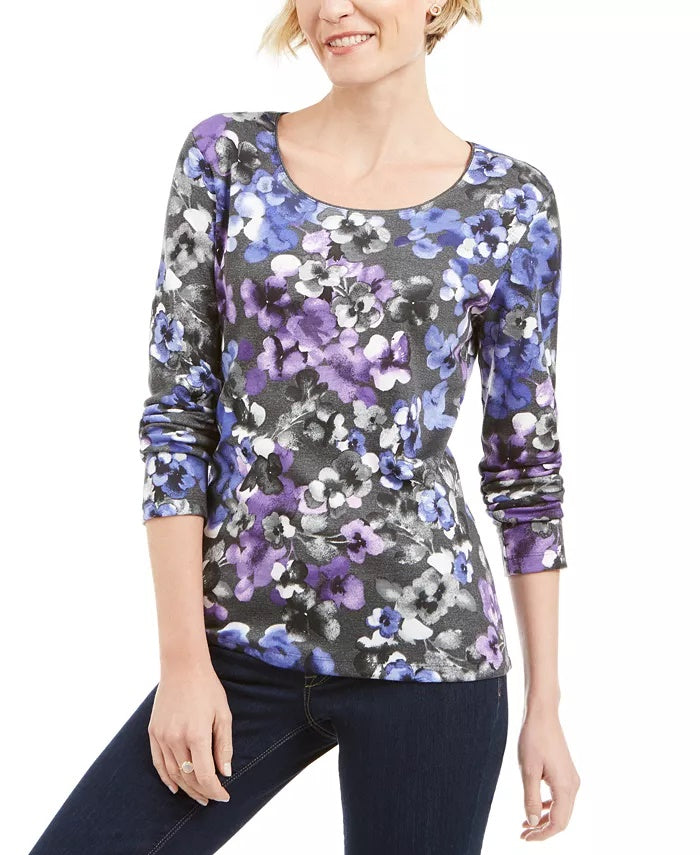 Karen Scott Blusa Feminina Estampada Gola Redonda Azul Tamanho Grande