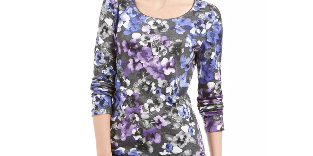 Karen Scott Blusa Feminina Estampada Gola Redonda Azul Tamanho Grande