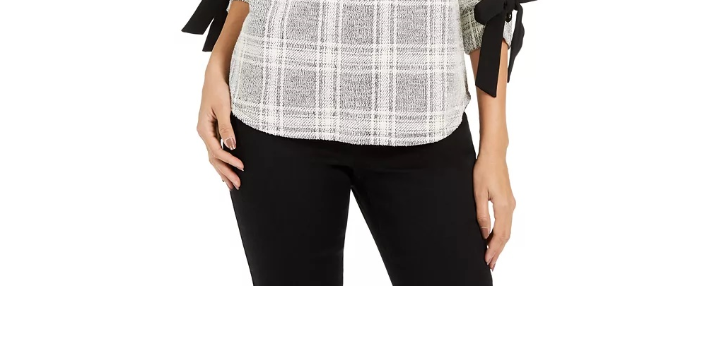 Charter Club Top feminino xadrez pequeno com punho amarrado, cinza, tamanho PS