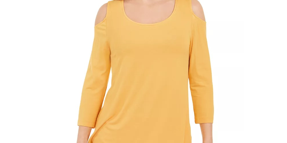 JM Collection Top feminino de ombro descoberto dourado tamanho pequeno