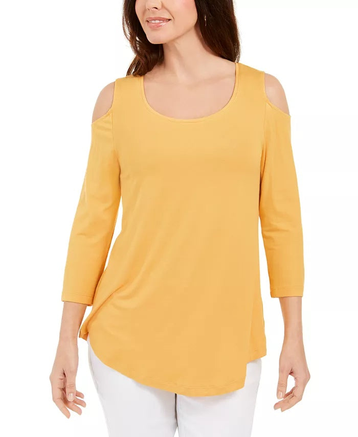 JM Collection Top feminino de ombro descoberto dourado tamanho X-S