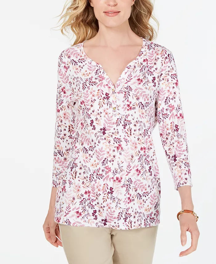 Karen Scott Top Henley Feminino Petite com Estampa Floral Branco Tamanho Petite Pequeno
