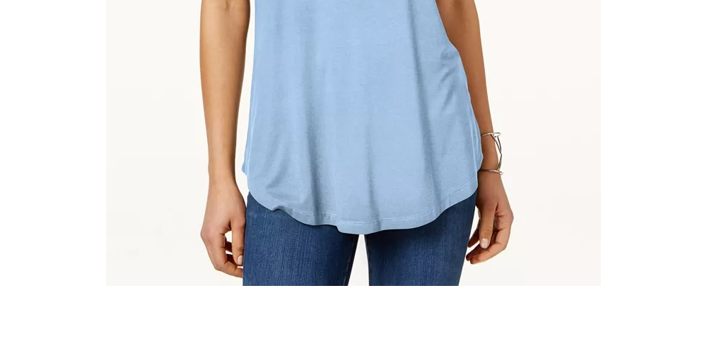 JM Collection Top feminino com bainha curta e manga curta, azul, tamanho pequeno