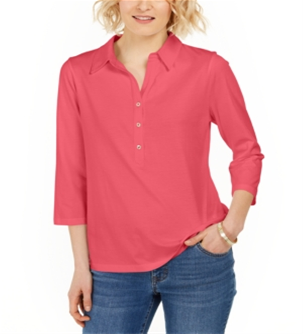 Camisa polo feminina Charter Club Supima Cotton manga 3/4 vermelha tamanho grande