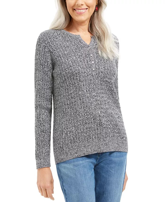 Karen Scott Suéter Henley de malha trançada feminino, cinza, tamanho pequeno