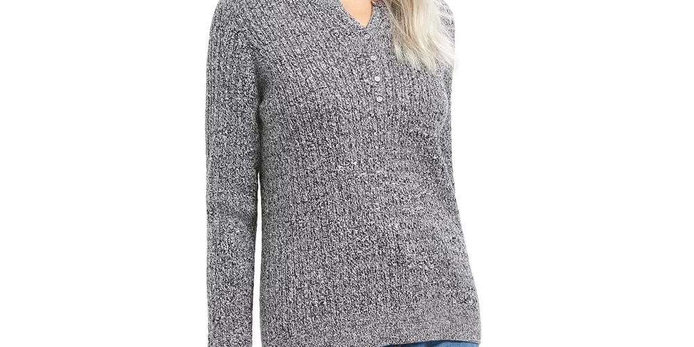 Karen Scott Suéter Henley de malha trançada feminino, cinza, tamanho pequeno