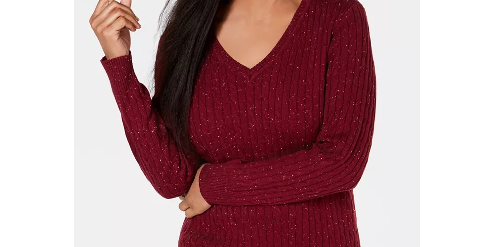 Karen Scott Suéter feminino de tricô com decote em V, tamanho PL, vermelho