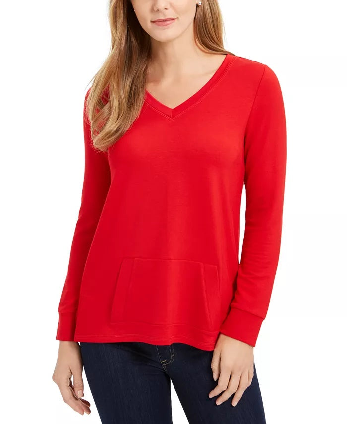 Túnica feminina Charter Club French Terry com decote em V, vermelha, tamanho pequeno