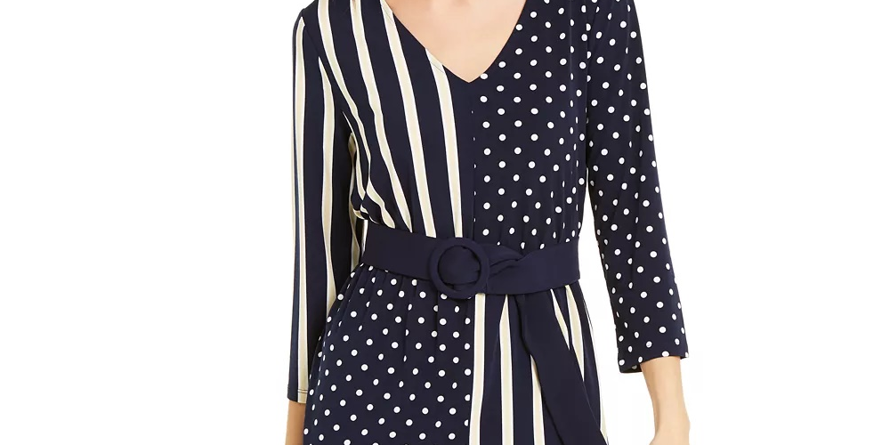 Blusa feminina Alfani Petite com estampa mista e cinto, azul, tamanho PL