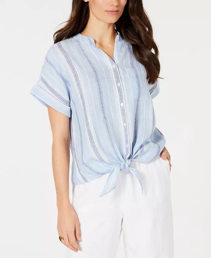 Charter Club Blusa feminina listrada de linho azul tamanho pequeno