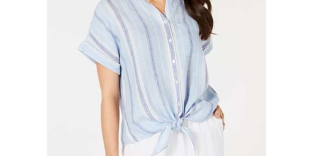 Charter Club Blusa feminina listrada de linho azul tamanho pequeno