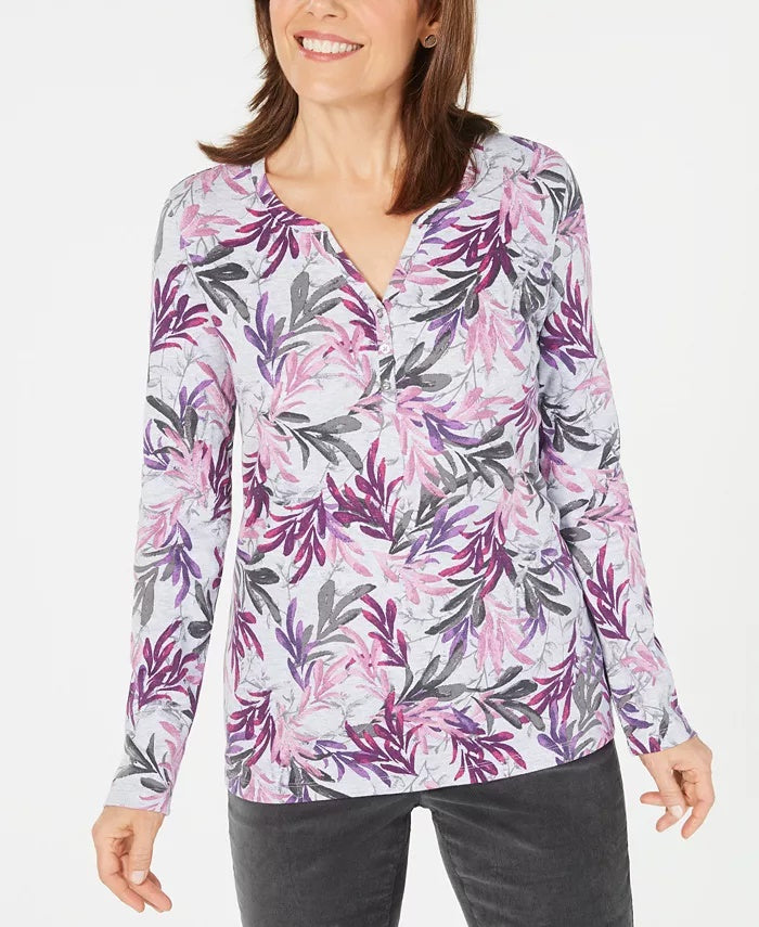 Blusa feminina Karen Scott estampada com decote aberto, roxa, tamanho X-S
