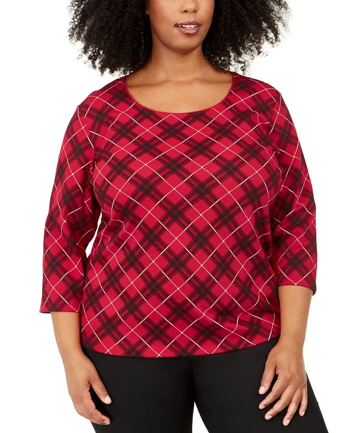 Karen Scott Blusa feminina plus size xadrez manga 3/4 vermelho brilhante tamanho 0X