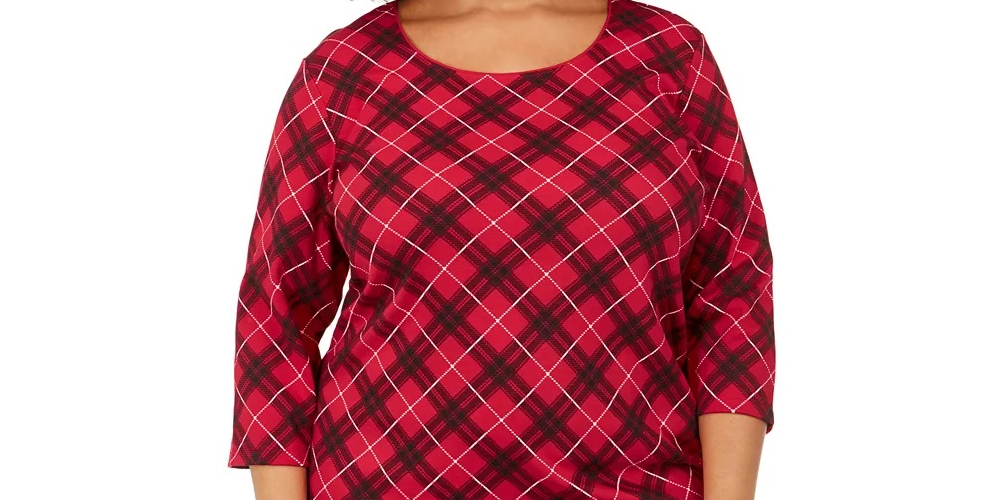 Karen Scott Blusa feminina plus size xadrez manga 3/4 vermelho brilhante tamanho 0X