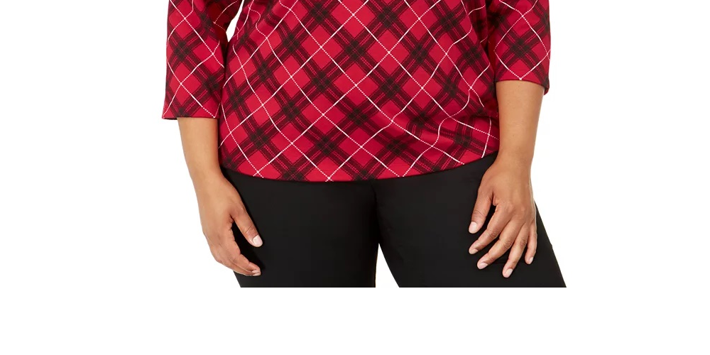 Karen Scott Blusa feminina plus size xadrez manga 3/4 vermelho brilhante tamanho 0X