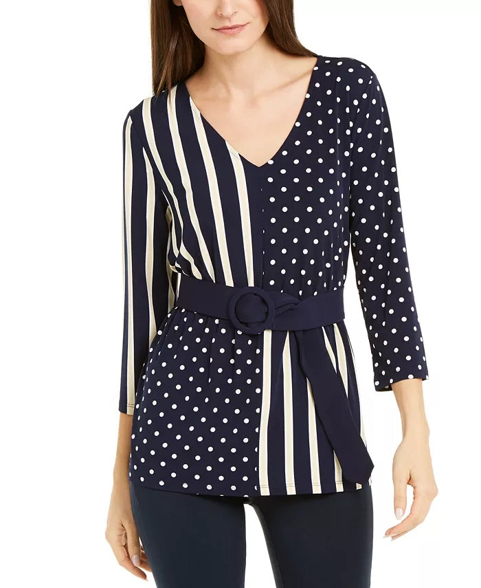 Alfani Women's Women's S Petite Mix-Print Belted Top Azul Tamanho Petit X-Large
