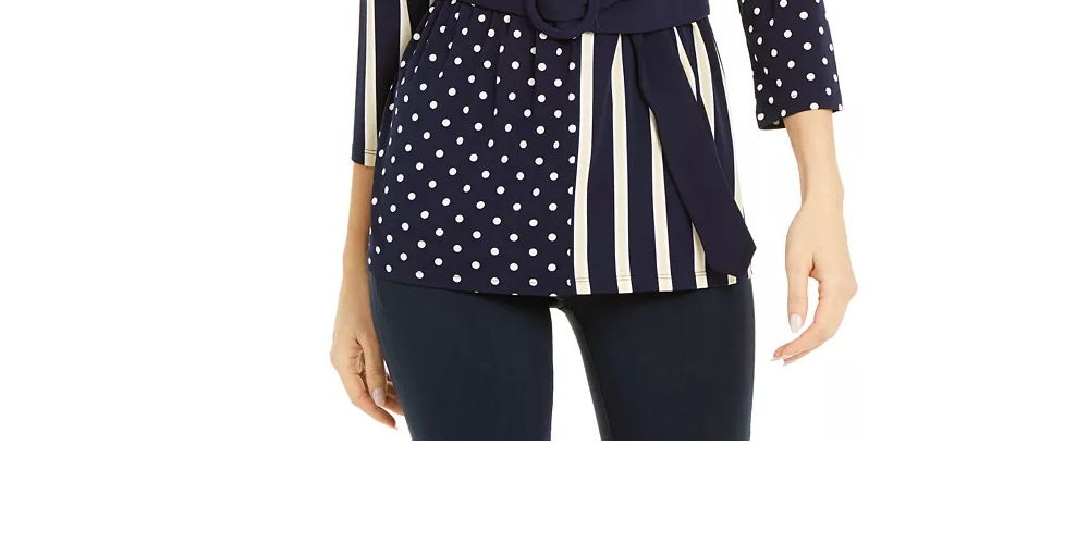 Alfani Women's Women's S Petite Mix-Print Belted Top Azul Tamanho Petit X-Large
