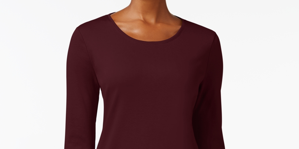 Camiseta feminina Charter Club de manga comprida em algodão Pima, cor vinho, tamanho X-S