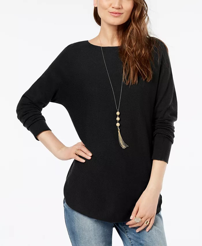 INC International Concepts Top Feminino Preto Texturizado Sólido Manga Longa Gola Joia Tamanho Pequeno