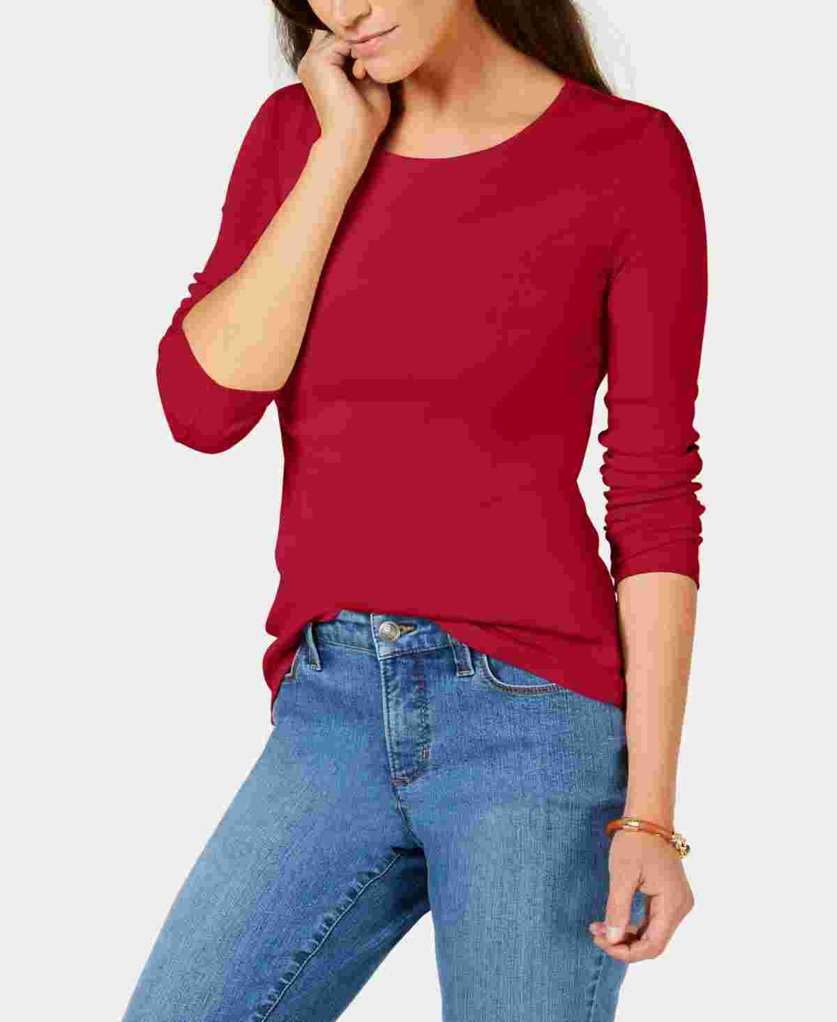 Camiseta feminina de manga comprida Charter Club Pima Cotton, vermelha, tamanho médio