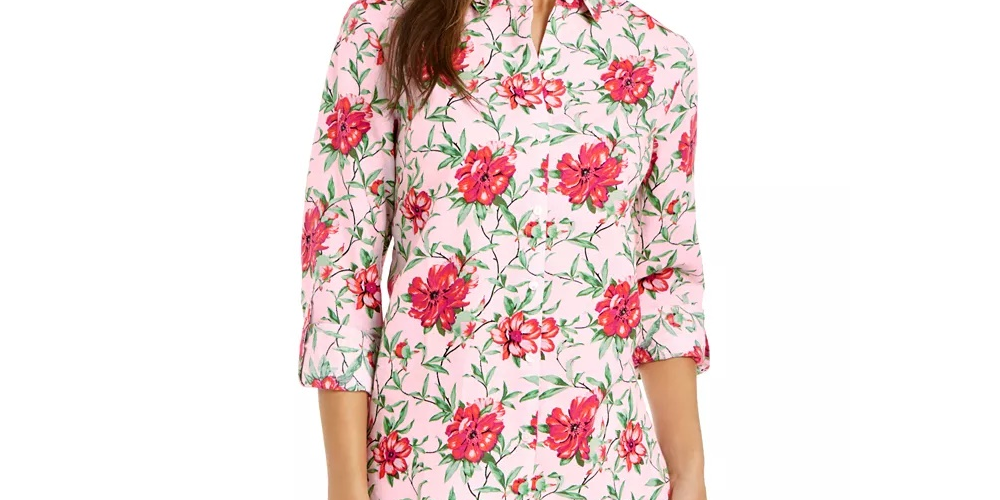 Camisa feminina Charter Club com estampa de linho e mangas curtas, rosa, tamanho extragrande